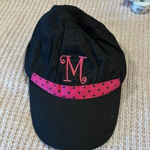 Black Baseball Cap with Pink Polka Dot Trim and Embroidered 'M'